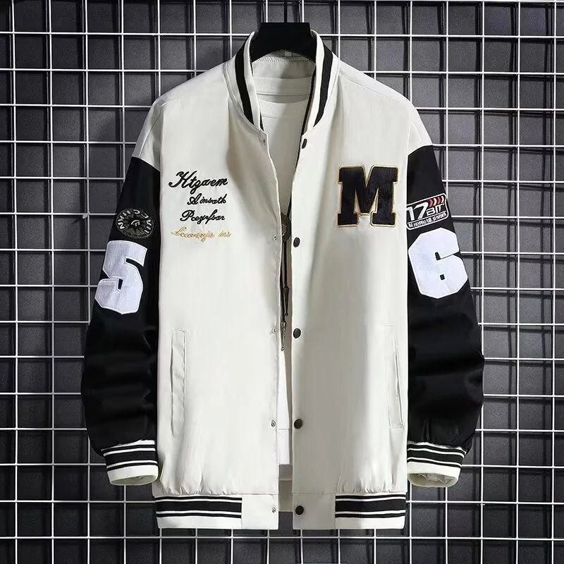Stylish loose fit Hong Kong style baseball jacket for teens in black and beige