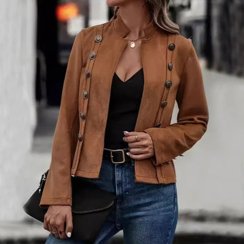 A stylish suede jacket with a double-breasted design, available in dark brown and black colors.