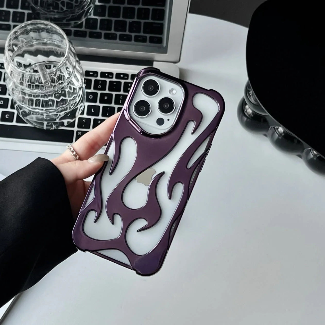 Premium electroplated iPhone case with hollow flame pattern for heat dissipation