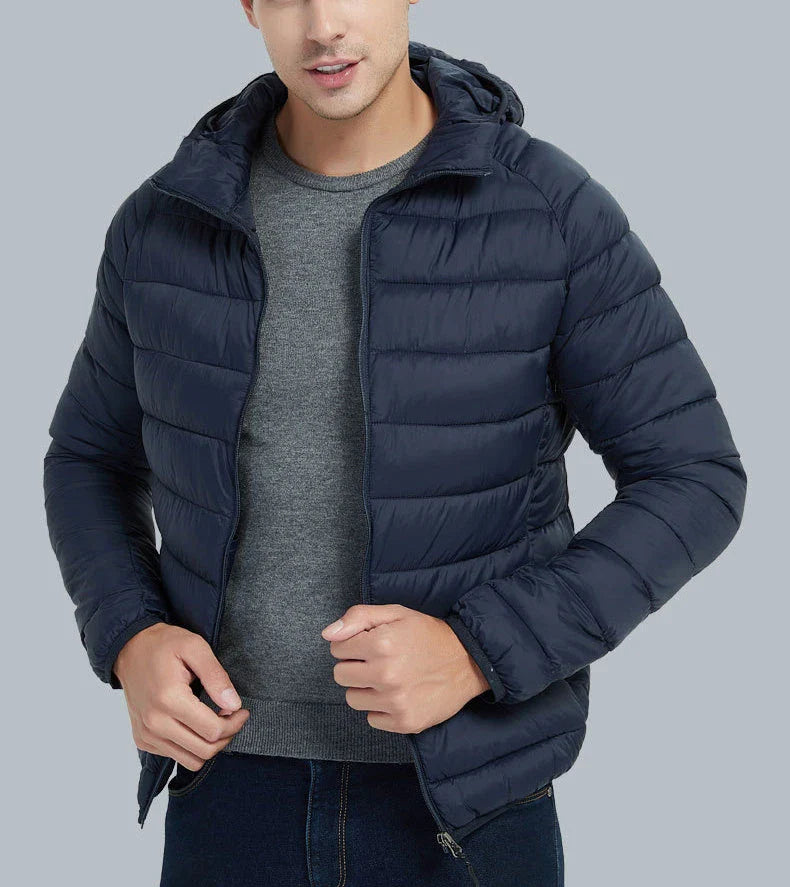 Men's insulated hooded jacket in various colors and styles with adjustable hood and zippered pockets