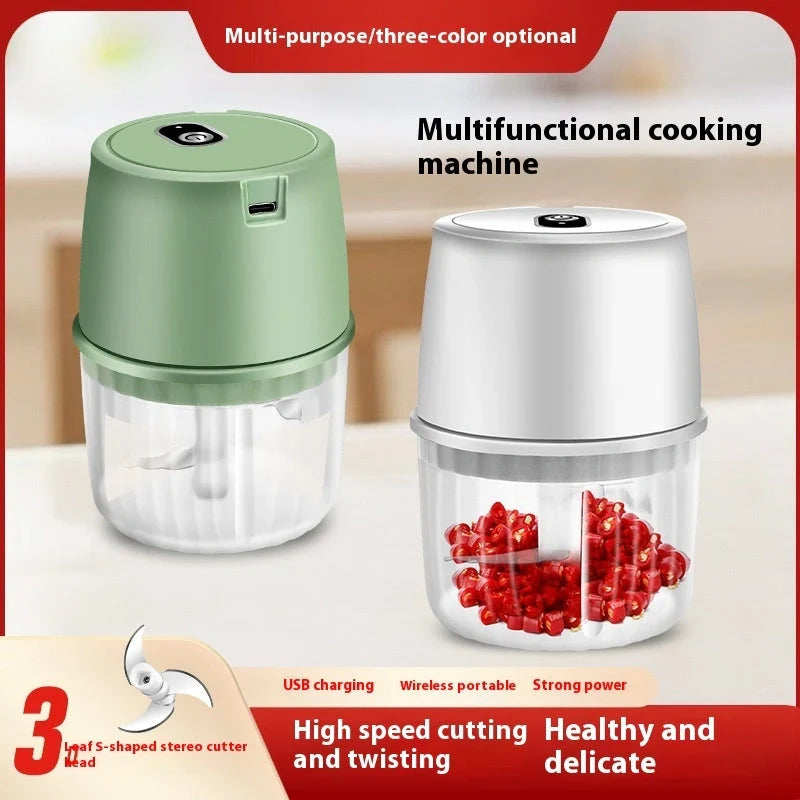 Compact, USB-rechargeable electric garlic chopper with stainless steel blades and detachable design for easy cleaning