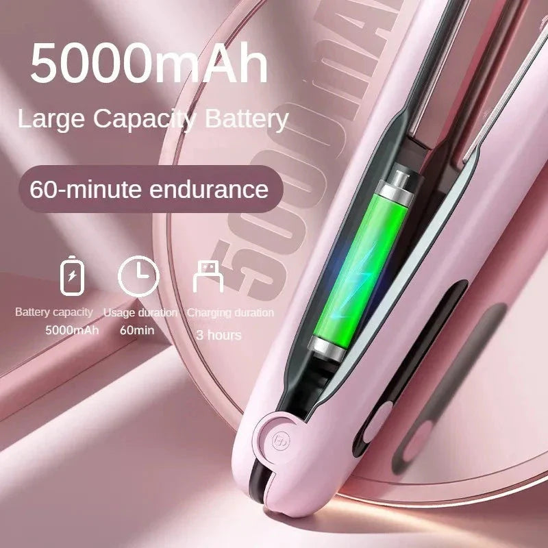 Cordless hair straightener and curler with adjustable temperature and long-lasting battery for on-the-go styling