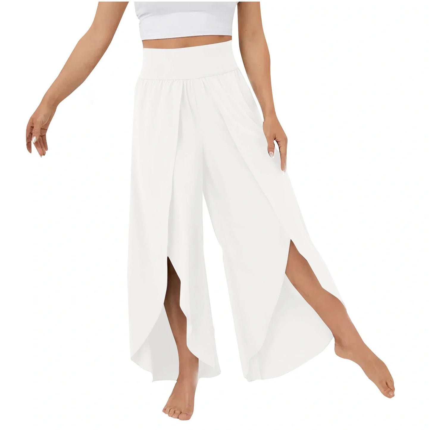 Versatile high-waist split-leg yoga trousers in a variety of colours, featuring a wide-leg silhouette and elasticated waistband for comfort and style.