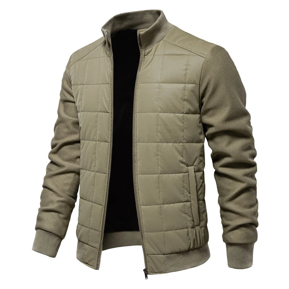Stylish men's winter jacket with unique stitching design, stand collar, and variety of classic colours