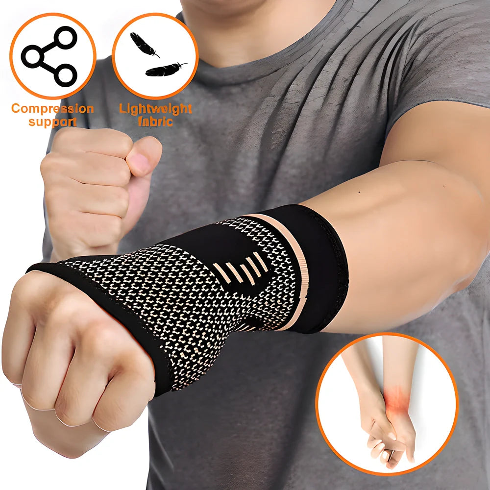 Premium copper compression wrist brace with breathable fabric for sports and active lifestyles