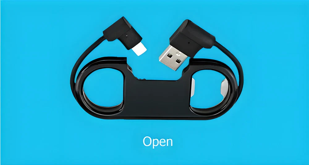 2-in-1 Bottle Opener Keychain and USB Charging Cable for iPhone and Android smartphones, available in black and white colours