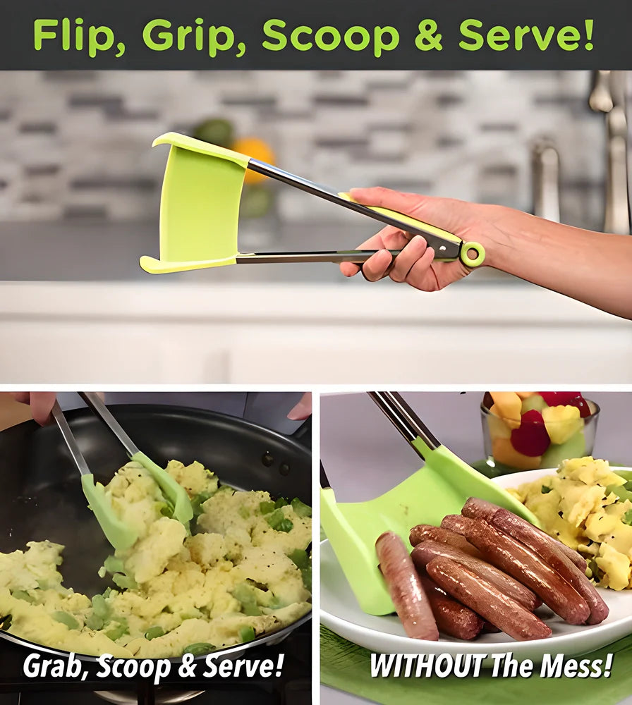 Versatile 2-in-1 kitchen tongs with spatula in green and red colours, designed for seamless cooking and serving tasks