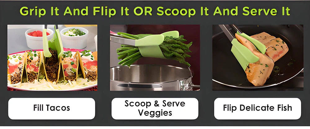 Versatile 2-in-1 kitchen tongs with spatula in green and red colours, designed for seamless cooking and serving tasks