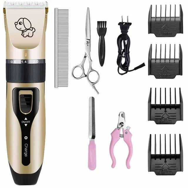 A precision dog hair trimmer with a quiet motor, featuring five speed settings, a titanium alloy fixed knife, and a long-lasting rechargeable battery for a stress-free grooming experience.