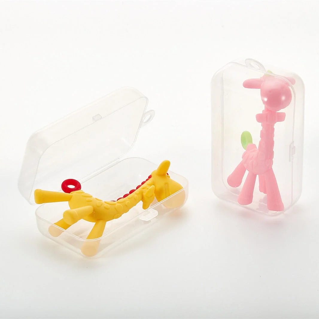 Premium baby giraffe teething toy made of soothing silicone with multiple chewable parts for soothing sore gums during teething
