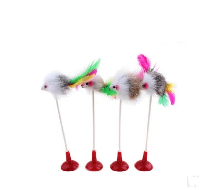 A handcrafted cat toy made from solid wood and natural materials, featuring a feather-on-a-stick design to captivate and engage your feline friend.
