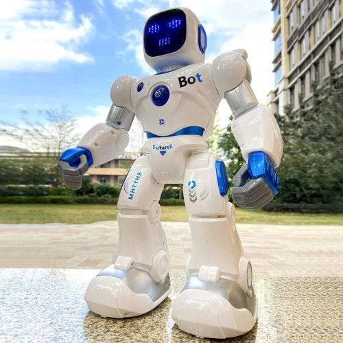 Remote-controlled robot with mobile app, flexible pulley, and soft LED lights for early years educational use