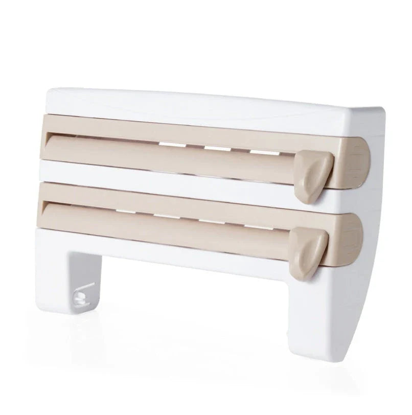 Premium wall-mounted cling film dispenser and cutter with compartments for storing and cutting kitchen wraps