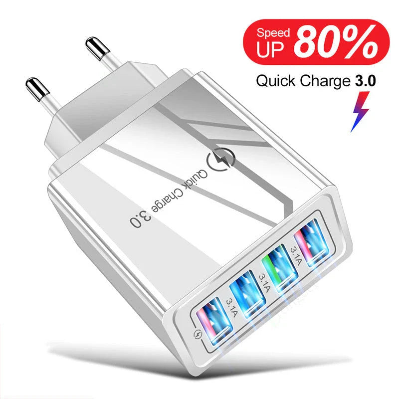 4-Port High-Speed USB Wall Charger with Quick Charge 3.0 Technology for Simultaneous Charging of Multiple Devices