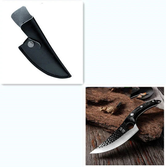Forged stainless steel boning knife with ergonomic handle and leather sheath
