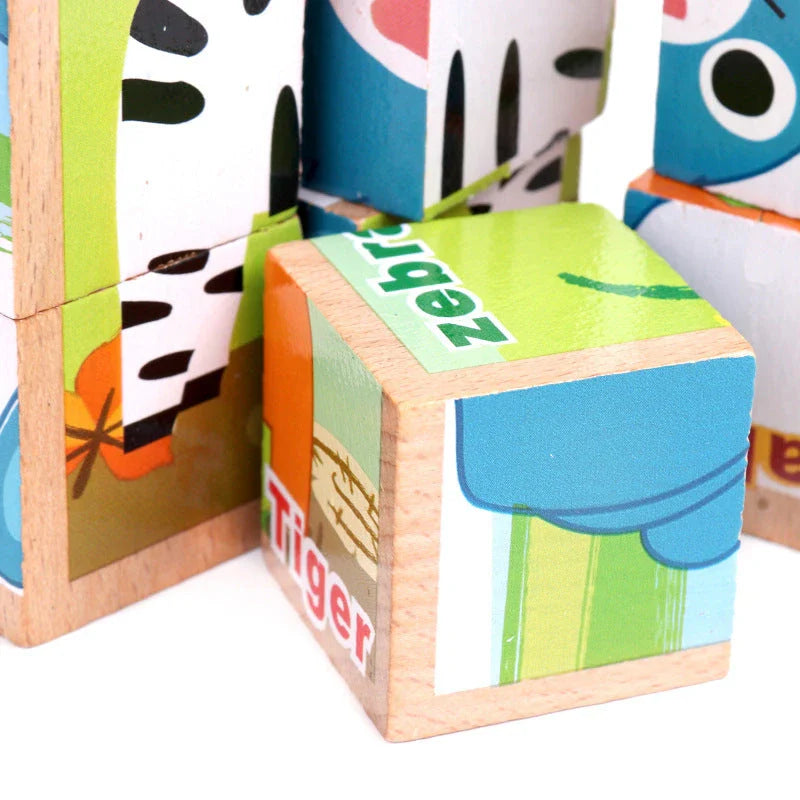 Colourful wooden 3D jigsaw puzzle with various patterns including fruit, insects, traffic, and animals