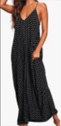Poetsky Women's Strappy V-Neck Maxi Beach Dress with Pockets in Pure black, Speckled black, and Purple pink