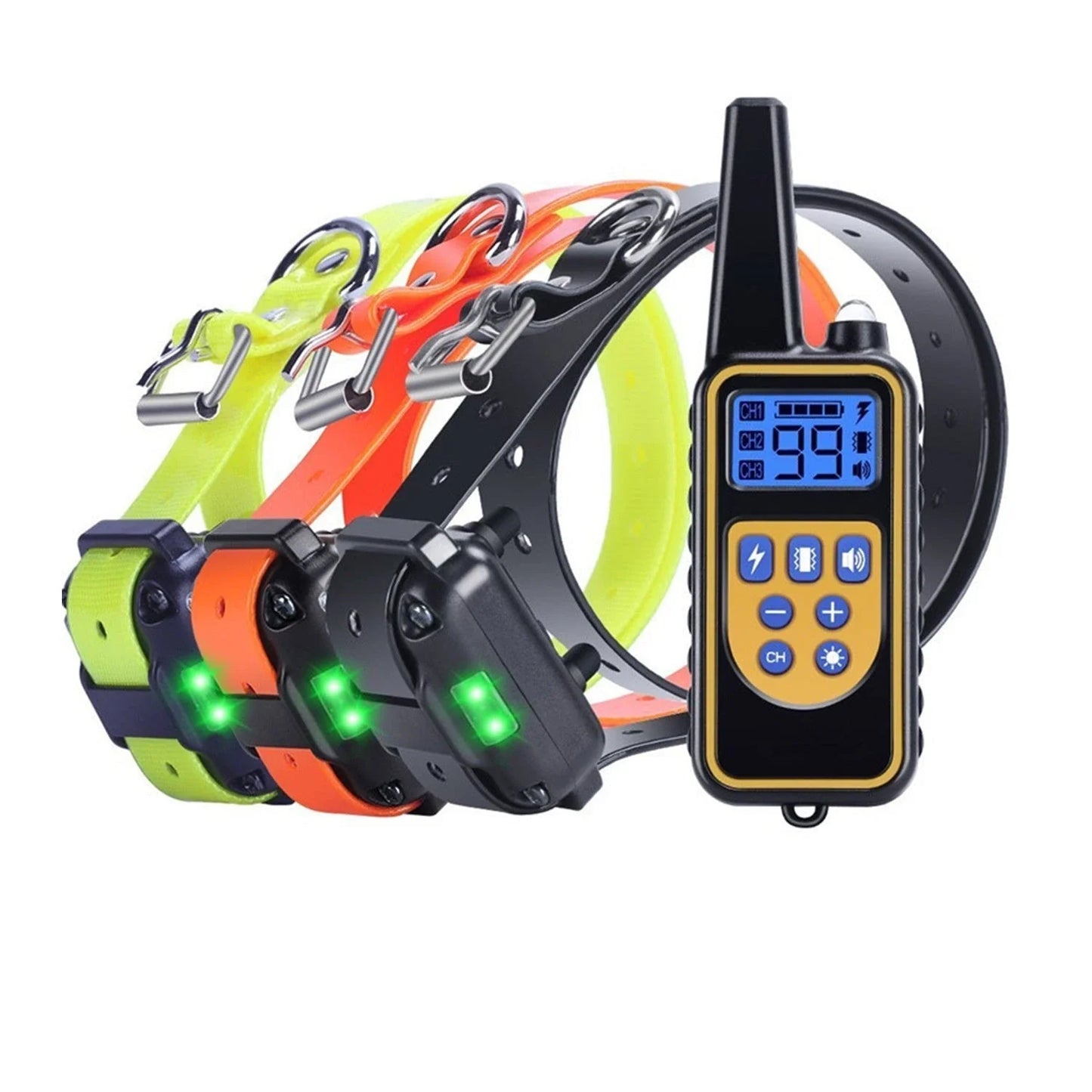 Remote-controlled anti-bark dog training collar with adjustable settings and 800-yard range