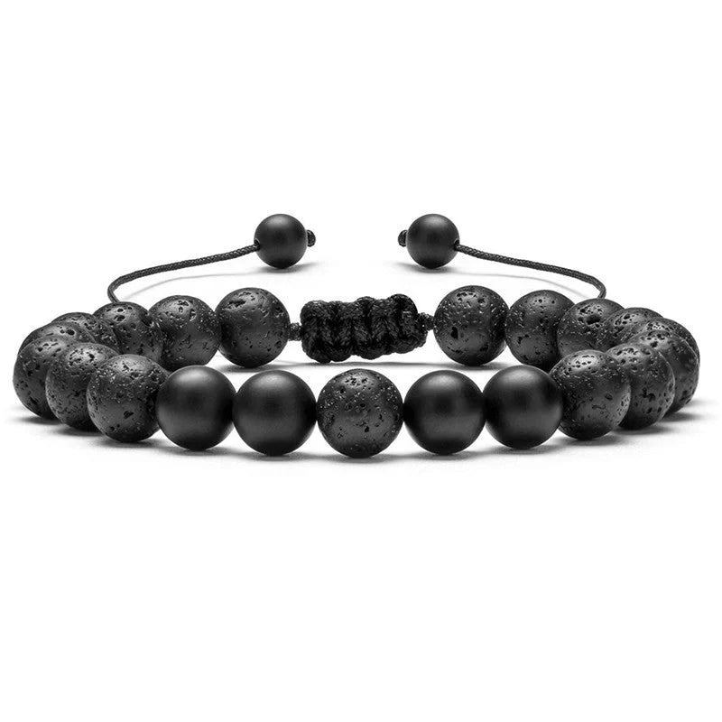 Matte black agate beads and tiger eye couple bracelets with geometric design