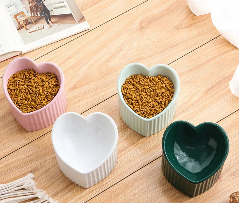 Elevated ceramic pet bowl with angled design for comfortable, natural feeding of cats and dogs