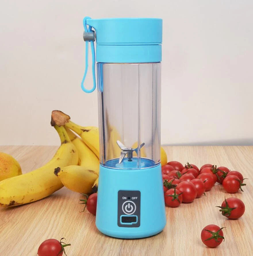 Portable USB-powered citrus juicer with stainless steel blades and durable plastic housing in various vibrant colours