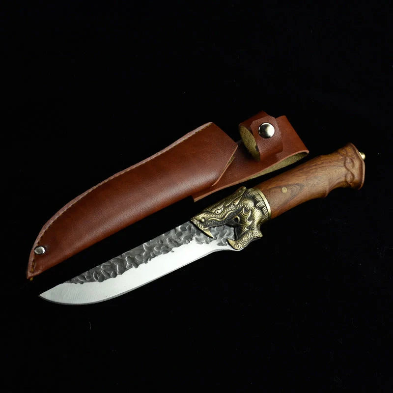 Hand-forged slicing knife with rosewood handle and pure copper guard