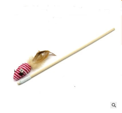 A handcrafted cat toy made from solid wood and natural materials, featuring a feather-on-a-stick design to captivate and engage your feline friend.