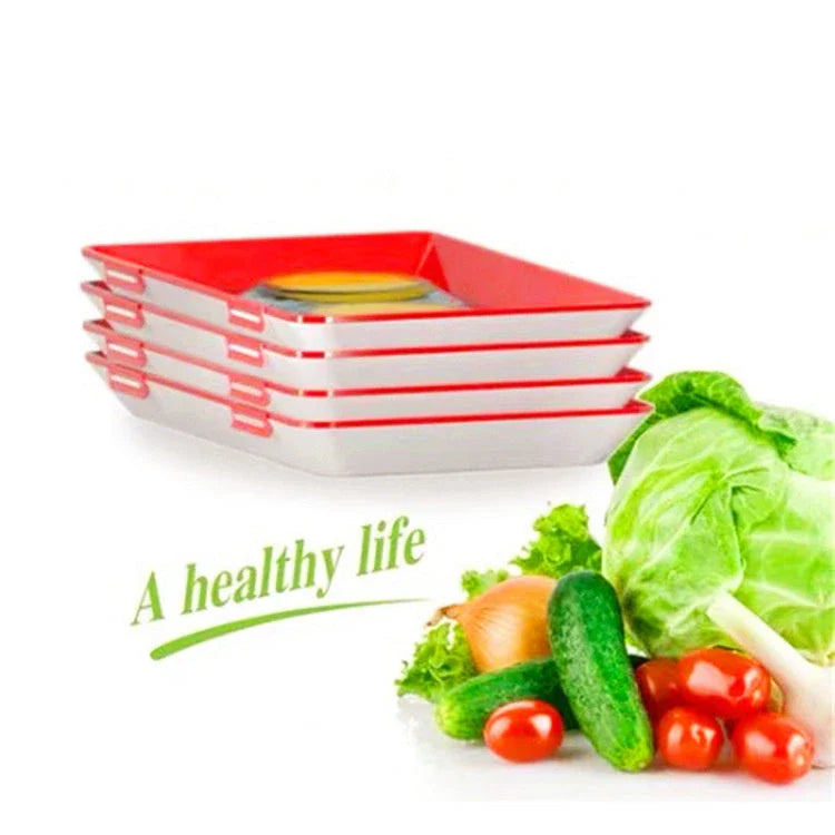 Premium food-preserving vacuum trays for fridge storage in black, green, red, and gold colours