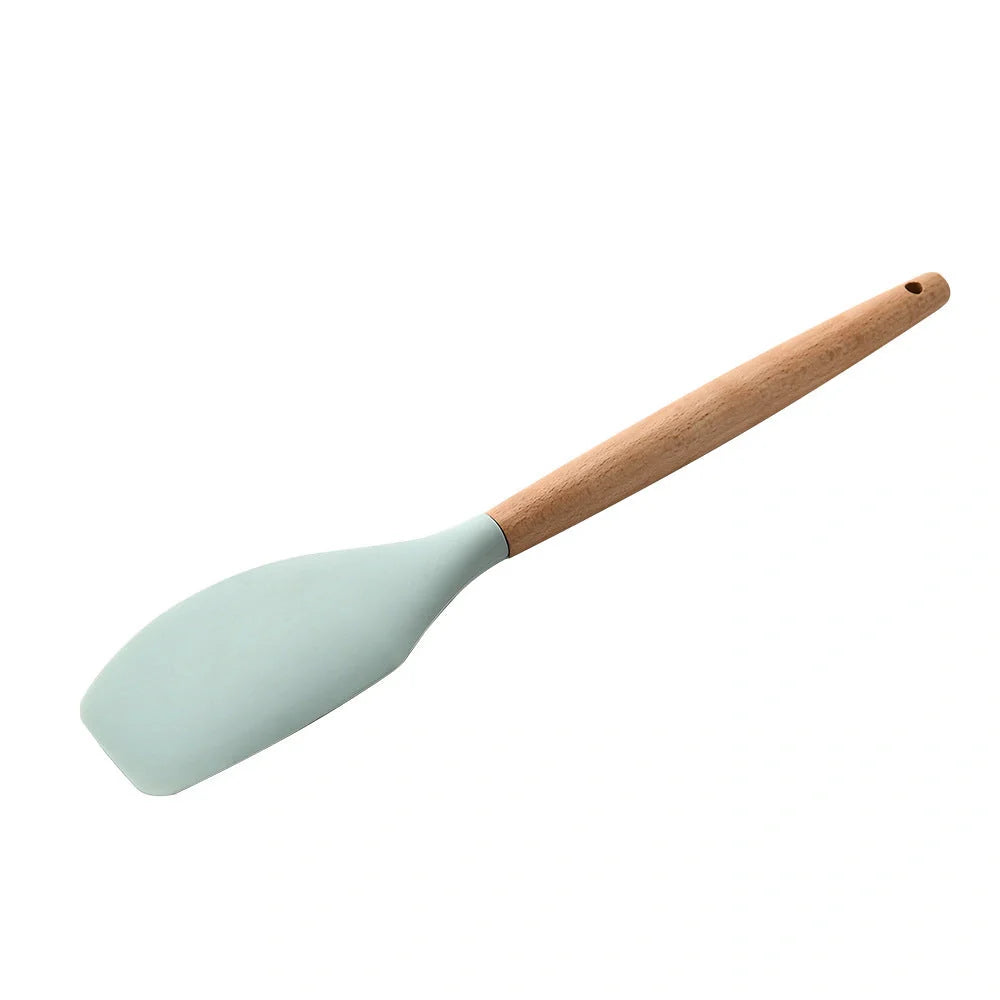 Silicone kitchenware set with wooden handles in various colors and styles, perfect for cooking, baking, and serving
