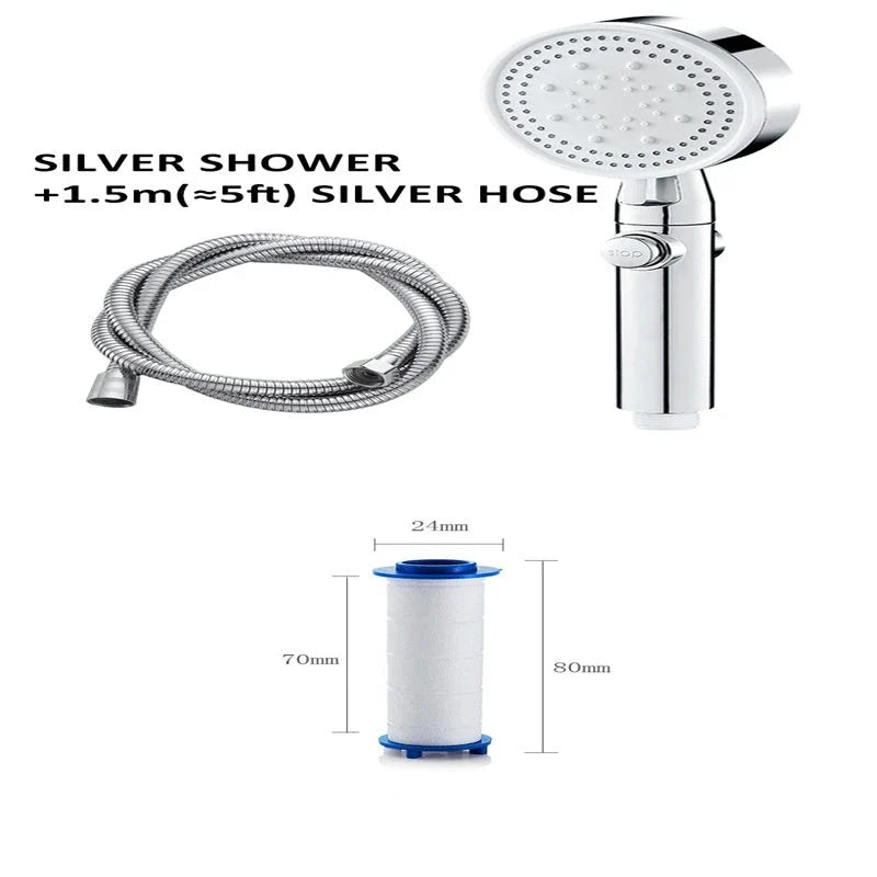 Premium high-pressure shower head with 5-speed supercharged spray patterns, large water output, and modern minimalist design
