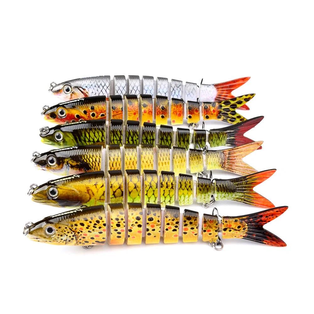 Multi-jointed pike fishing lure with light reflection and sound attraction features