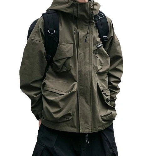 Men's hooded jacket in black, yellow, or green with windproof feature and three-dimensional pockets