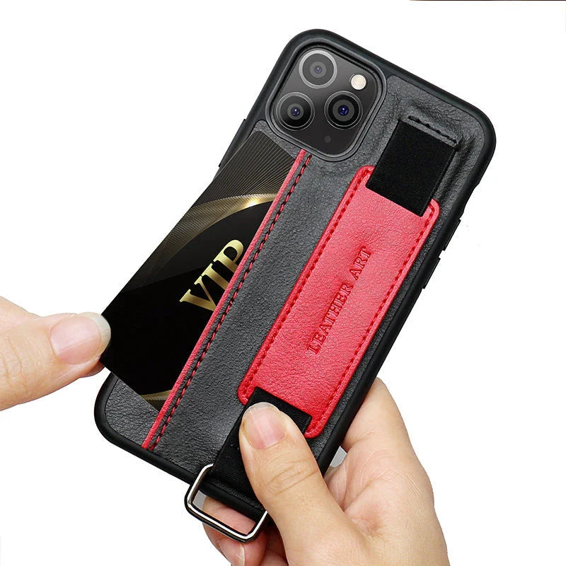 A leather wristband phone case with a versatile design, offering protection and hands-free convenience for smartphone users.