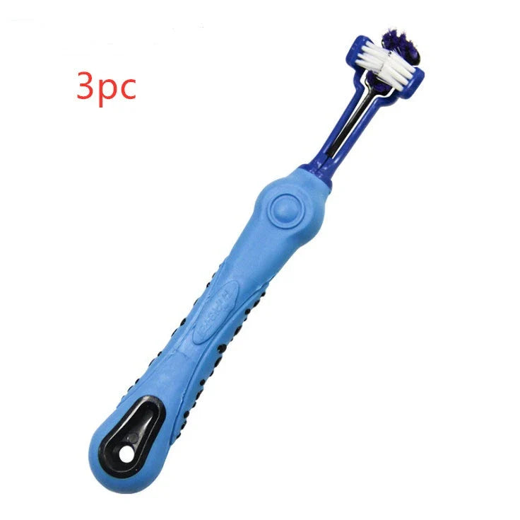 Premium Triple-Headed Pet Toothbrush in various colours, designed to effectively clean pets' teeth and eliminate bad breath and tartar build-up.
