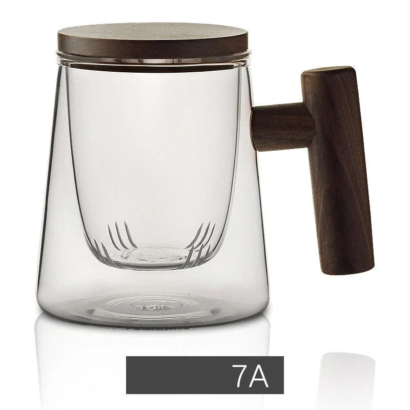 Premium borosilicate tea infuser cup with natural walnut handle, available in various sophisticated colour options