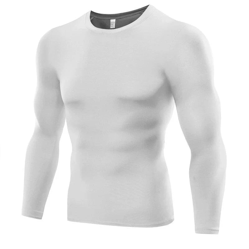 Premium men's long sleeve compression workout shirt in black, white, gray, green, blue, and red colors