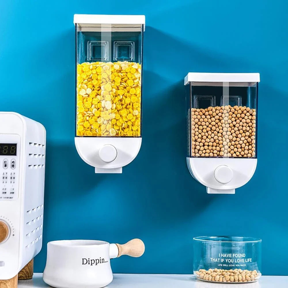 Convenient kitchen food storage container with transparent design, wall-mounted for space-saving storage of cereals, snacks, and other dry goods
