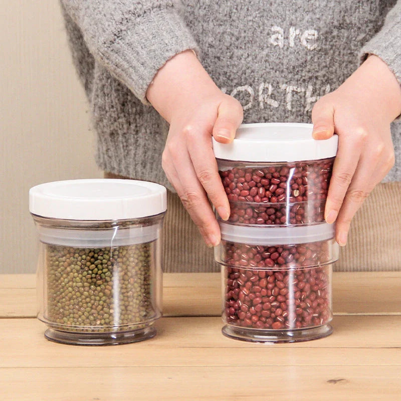 Airtight vacuum food storage containers with pump mechanism, space-saving collapsible design, and transparent BPA-free plastic construction