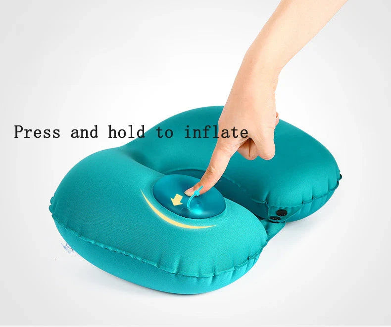Inflatable travel pillow with U-shaped design for neck and head support, available in multiple colors