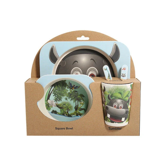 Five-piece bamboo fibre children's tableware set with plates, bowls, cups, spoons, and forks in various animal-themed designs