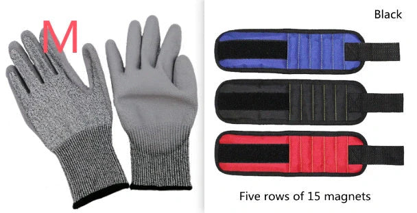A 15-slot magnetic wristband made of durable nylon with powerful embedded magnets for organising and holding small tools and fasteners.