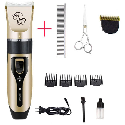 A precision dog hair trimmer with a quiet motor, featuring five speed settings, a titanium alloy fixed knife, and a long-lasting rechargeable battery for a stress-free grooming experience.