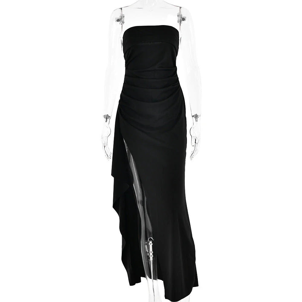 Stunning backless maxi dress in various colors, featuring a pleated A-line skirt and strapless silhouette for elegant occasions.