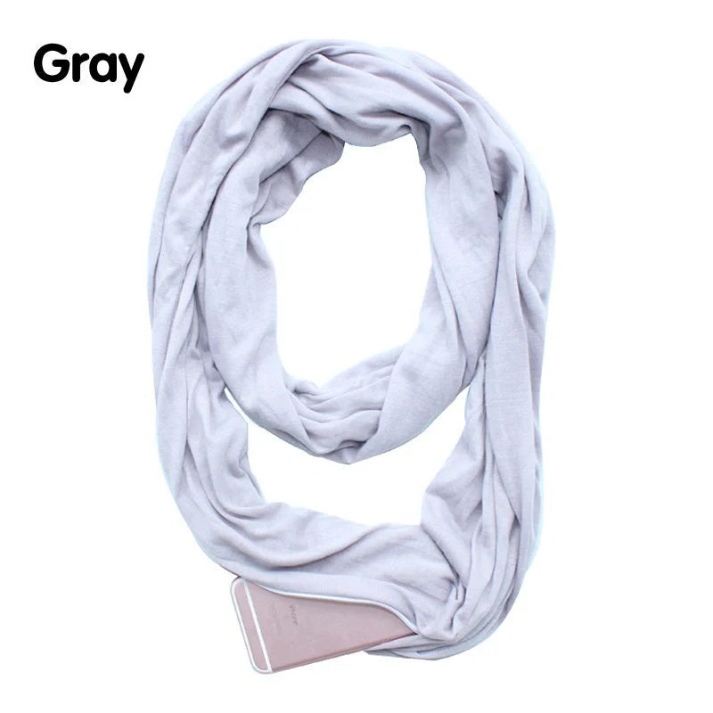 Stylish infinity scarf with hidden pocket in black, grey, and white