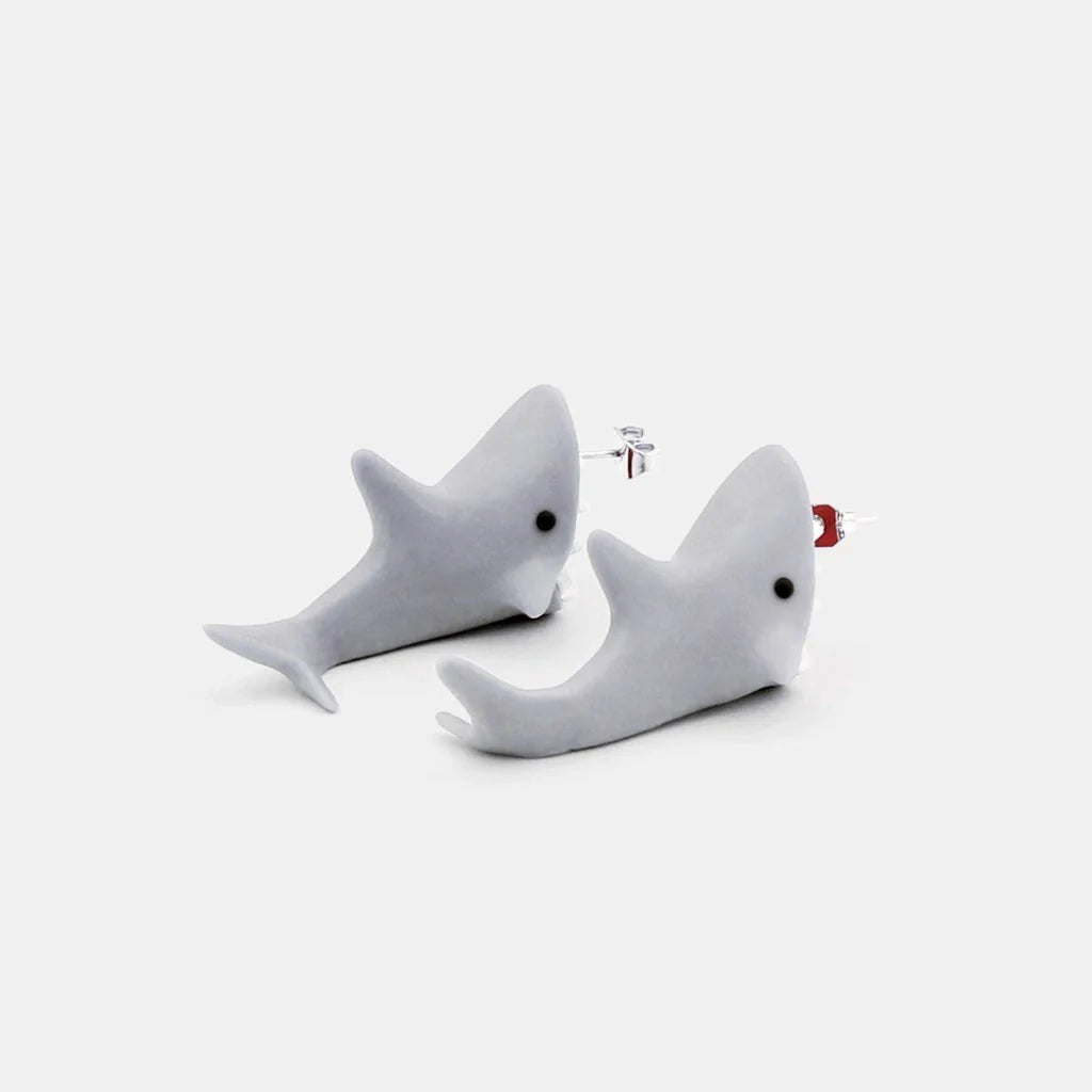 Handmade cartoon shark bite 3D stud earrings for women, unique sea animal jewellery