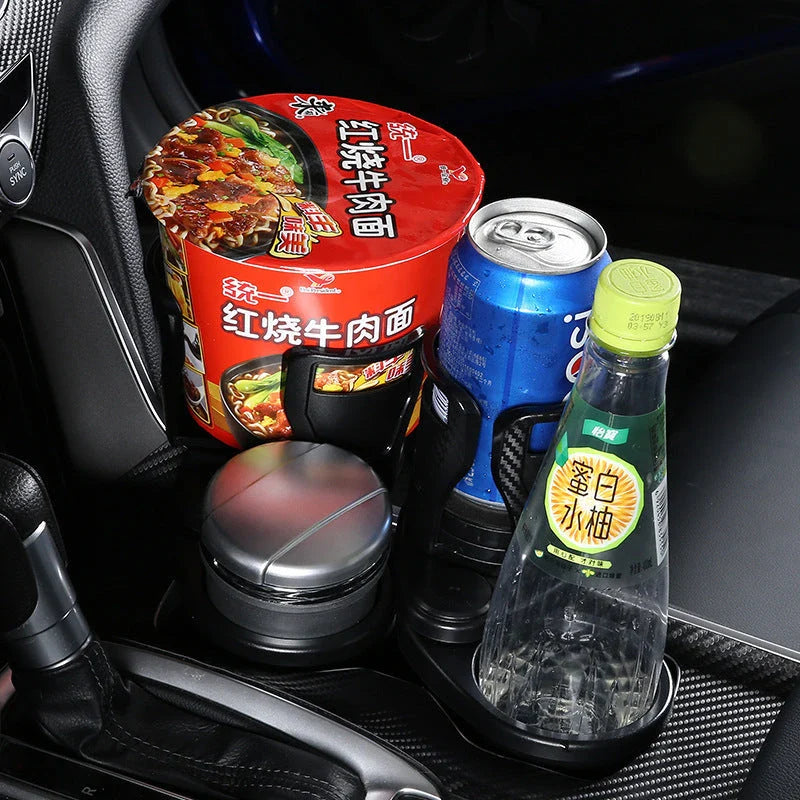 Stylish car cup holder with 360-degree rotation, carbon fibre-inspired design, and secure, non-slip storage for drinks, phones, and other essentials