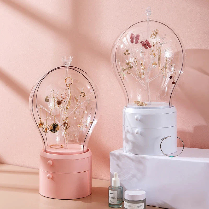 Stylish rotating jewellery storage box with LED lights, made of durable ABS plastic and featuring a soft, scratch-resistant lining