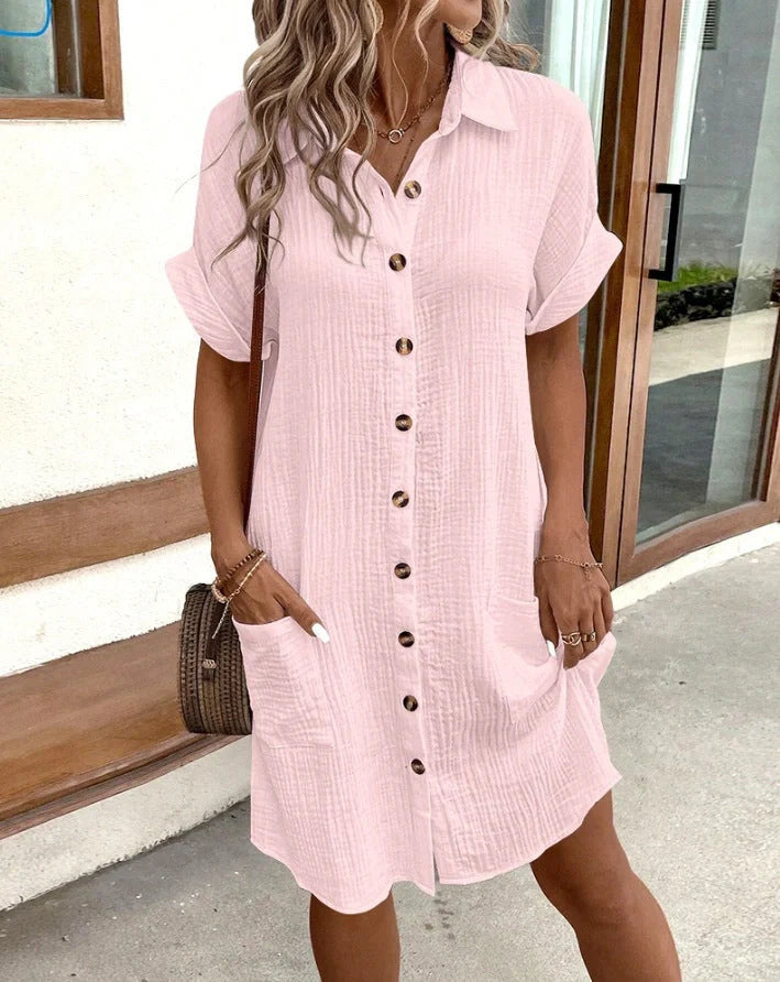 Stylish midi dress with short sleeves, made of premium polyester fabric and available in a range of colours