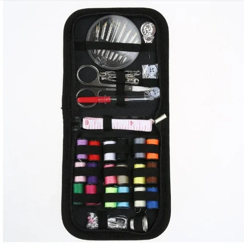 Compact home sewing kit with 98 accessories including needles, threads, scissors, and more