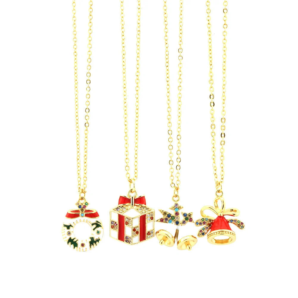 Festive Christmas-themed necklace with oil-drop pendant and coloured rhinestones
